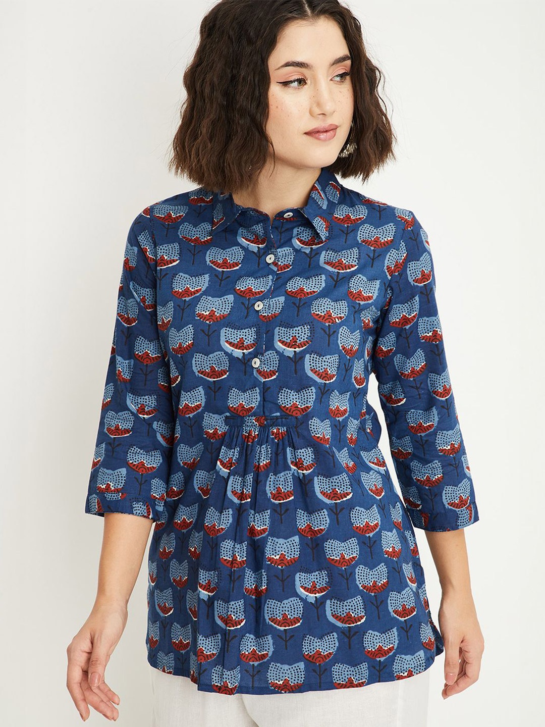 

max Ethnic Motifs Printed Shirt Collar Pleated Kurti, Blue