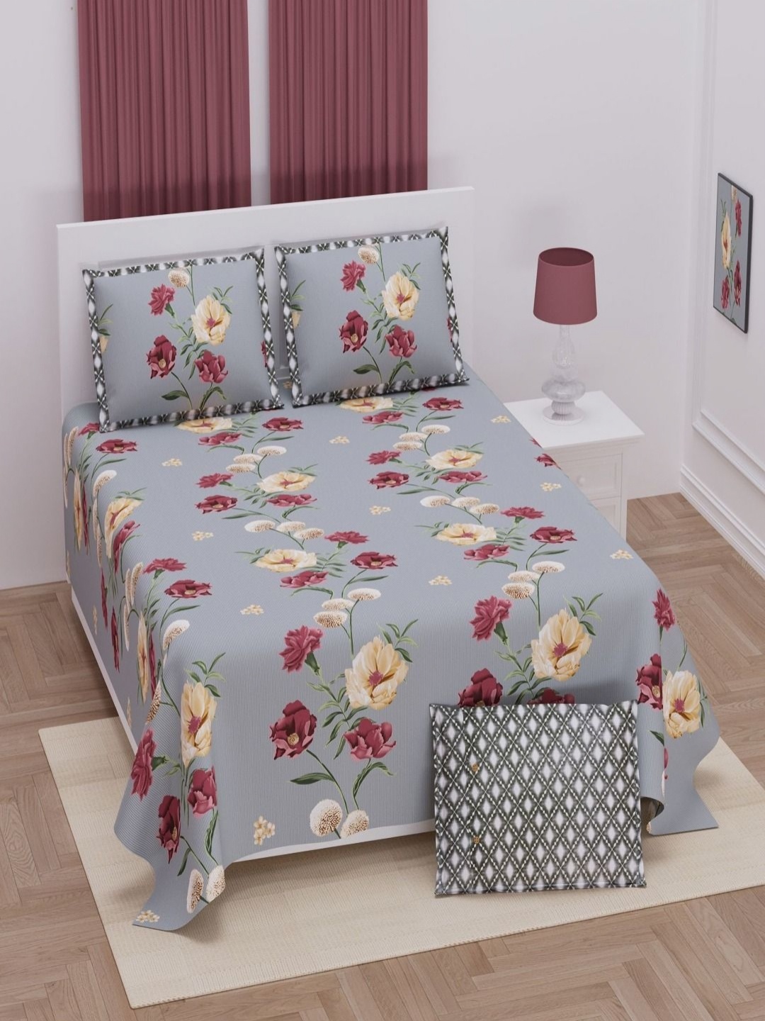 

Myntra Elegant Homes Grey & Pink Floral 250 TC King Bedsheet with 2 Pillow Covers