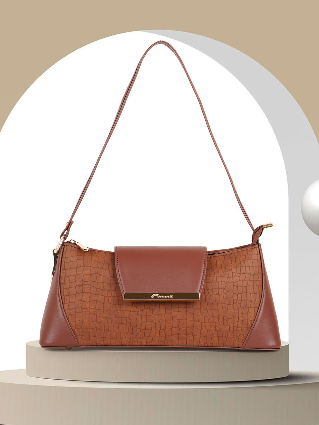 

FOMMIL Structured Sling Bag with Cut Work, Brown