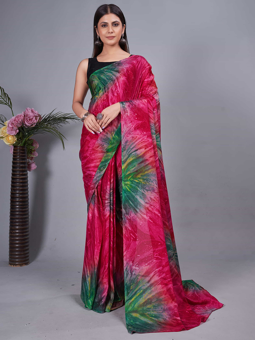 

HERE&NOW Tie and Dye Pure Chiffon Ready to Wear Jamdani Saree, Pink