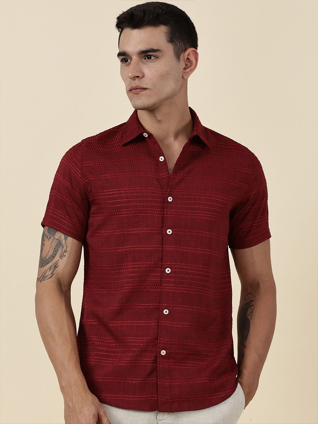 

Thomas Scott Men Classic Slim Fit Horizontal Stripes Opaque Printed Casual Shirt, Red