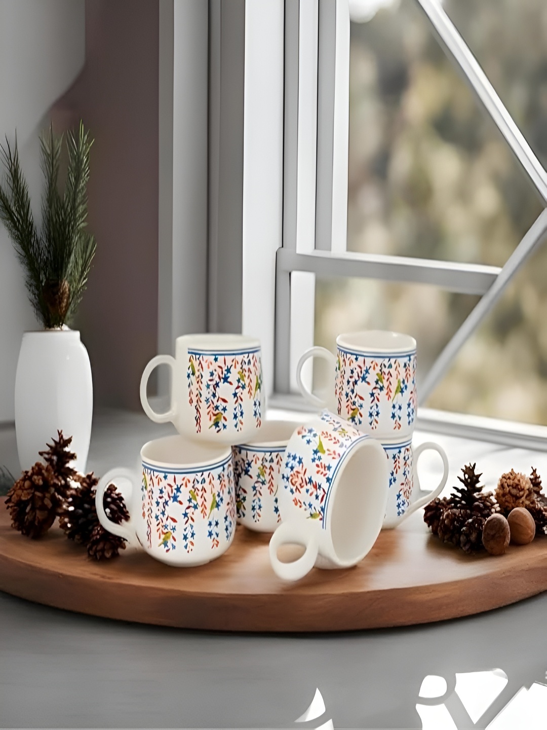 

MITHILA Handicrafts White & Multicoloured Textured Ceramic Glossy Mugs Set of Cups and Mugs