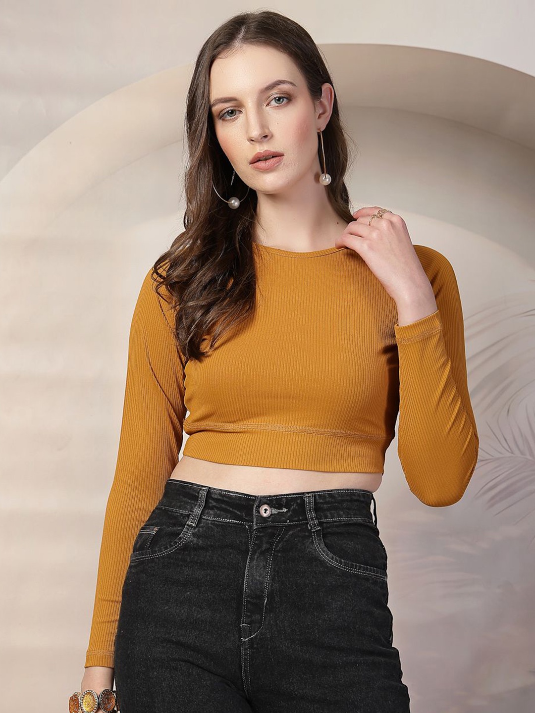 

KASSUALLY BASICS Women Ribbed Crop Fitted Top, Mustard