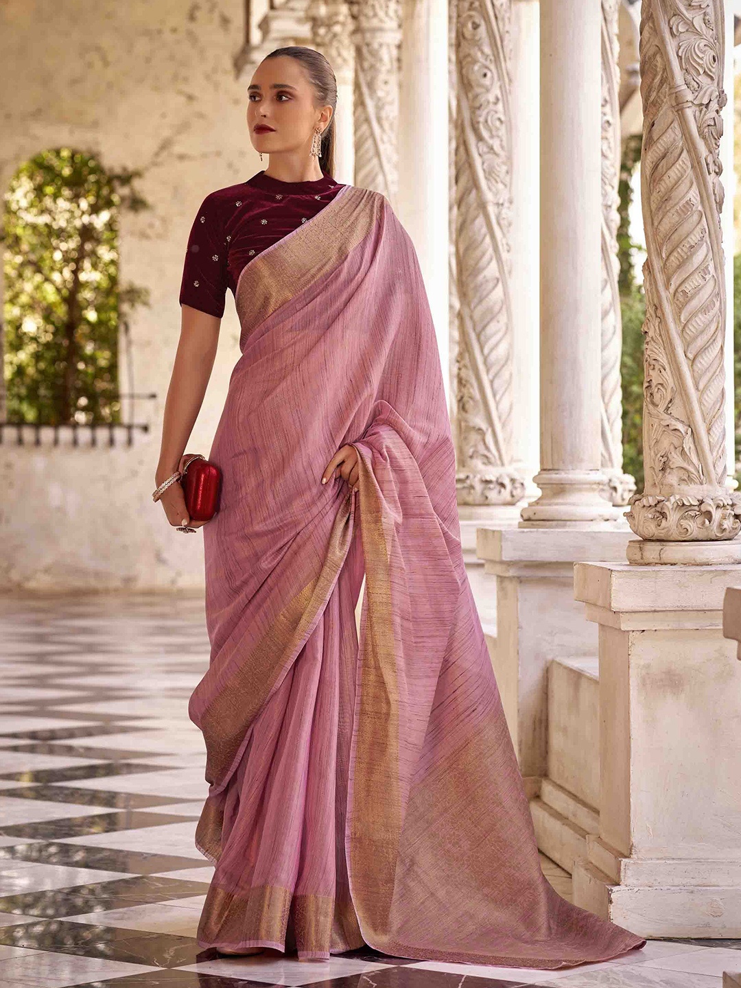 

Mitera Woven Design Zari Kanjeevaram Saree, Pink