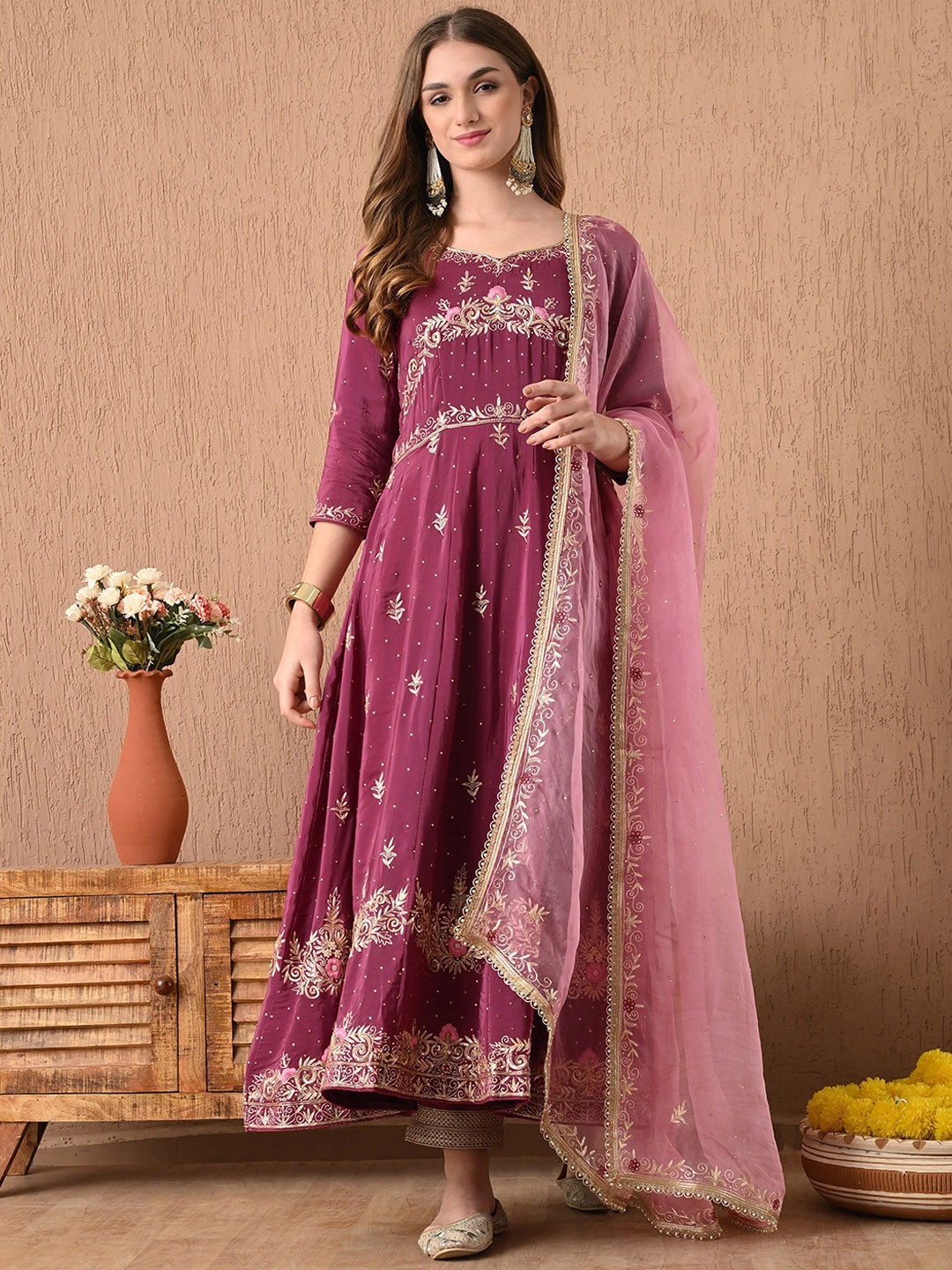 

ZARIKALI Women Floral Embroidered Angrakha Silk Crepe Kurta with Trousers & With Dupatta, Maroon