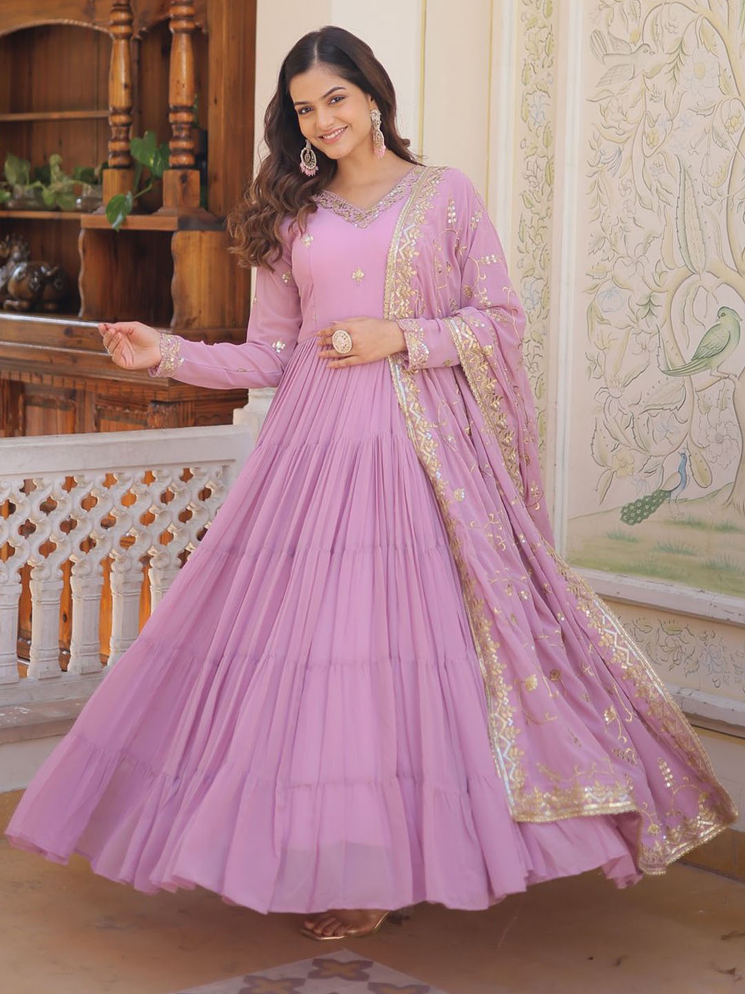 

Fashion Basket Embroidered Gown Maxi Ethnic Dress With Dupatta, Purple