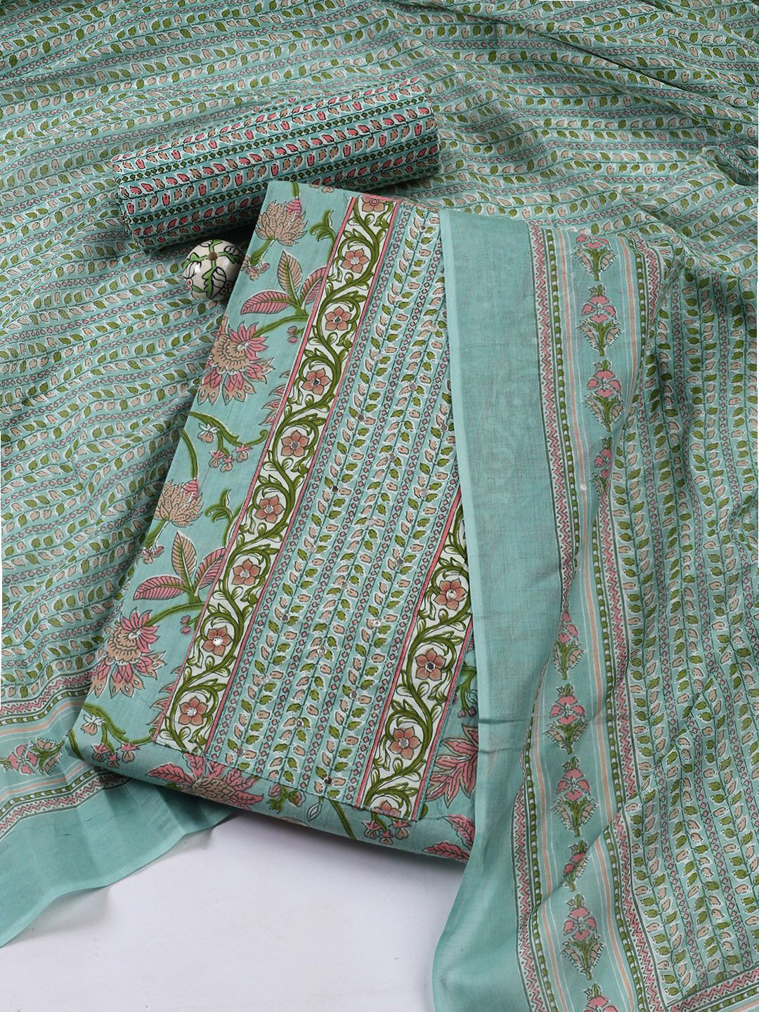 

Meena Bazaar Printed Unstitched Dress Material, Sea green