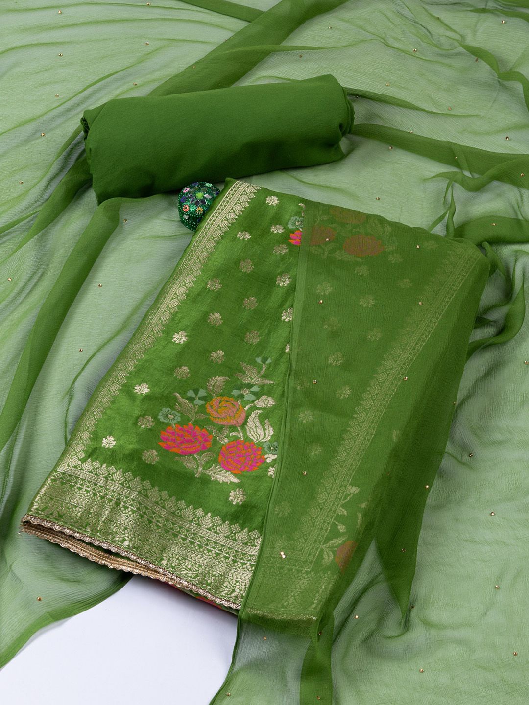 

Meena Bazaar Art Silk Unstitched Dress Material, Green