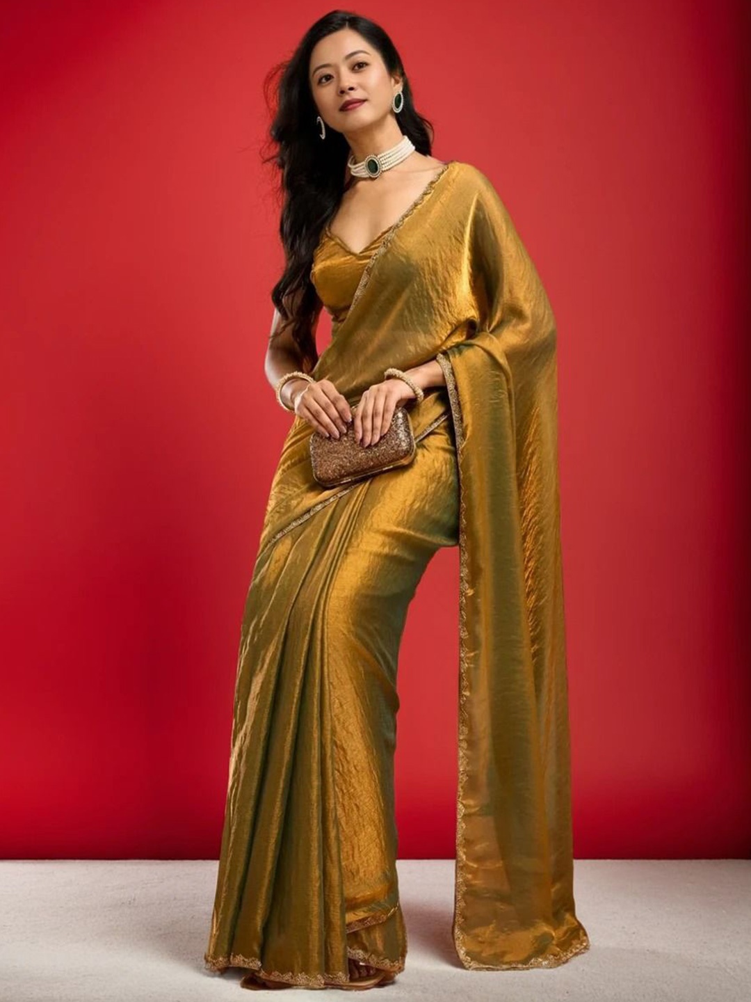 

BHARODIYA ENTERPRISES Beads and Stones Pure Chiffon Saree, Gold