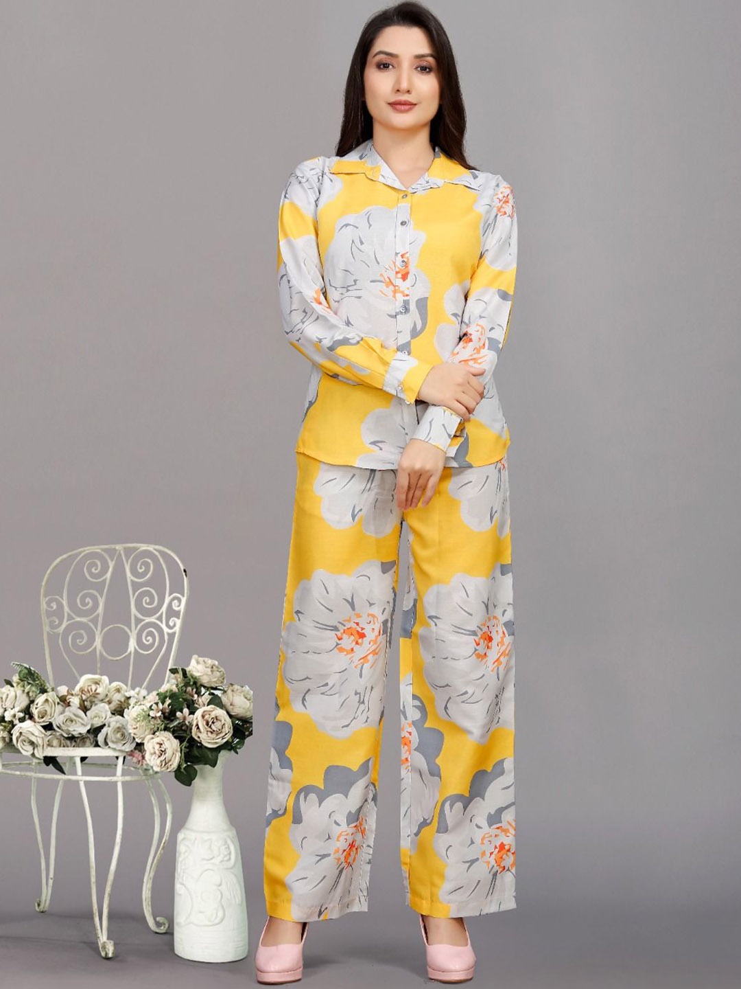 

Snowdrip Printed Shirt Collar Shirt With Trousers Co-Ords, Yellow