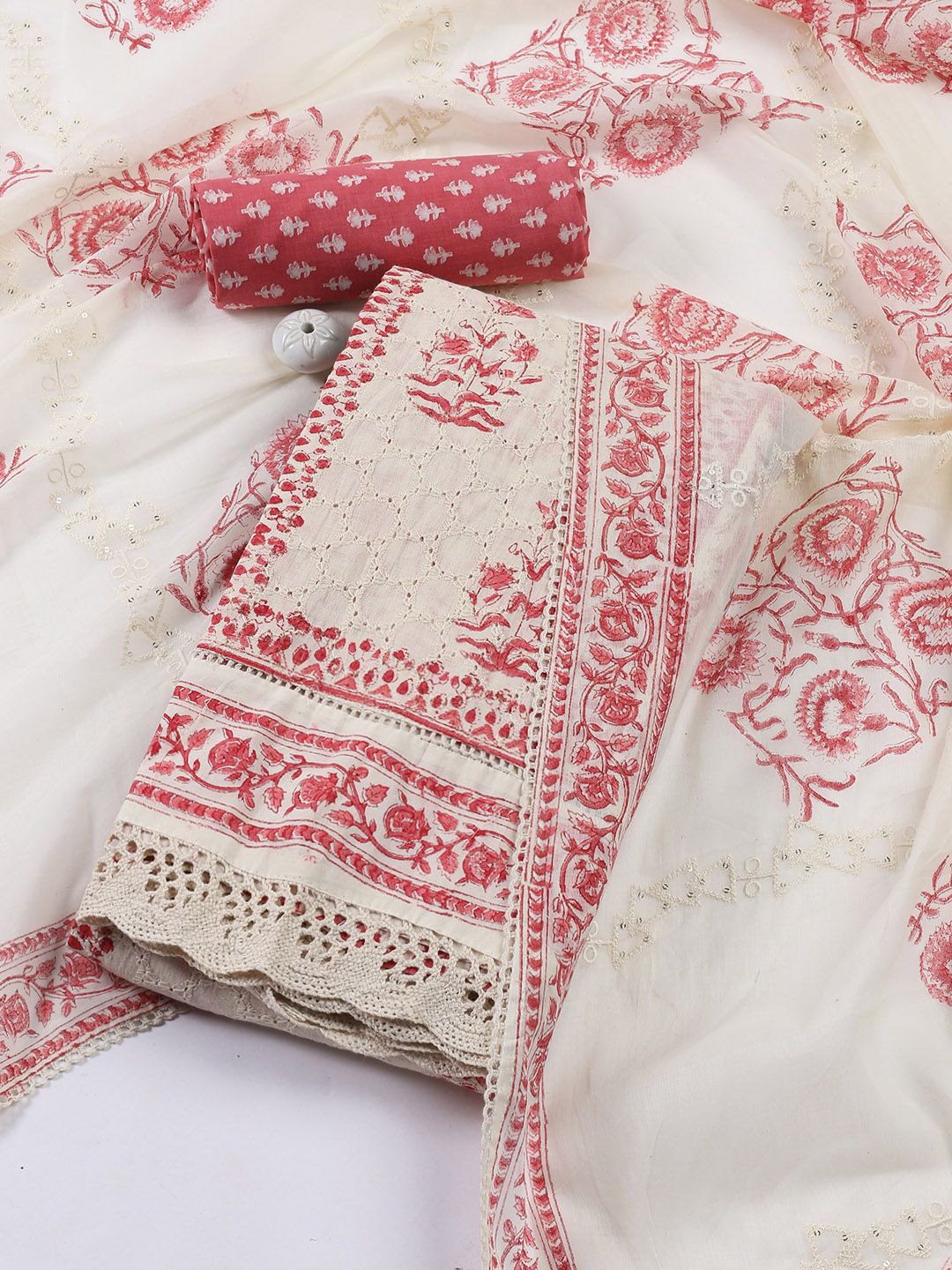 

Meena Bazaar Printed Unstitched Dress Material, Cream