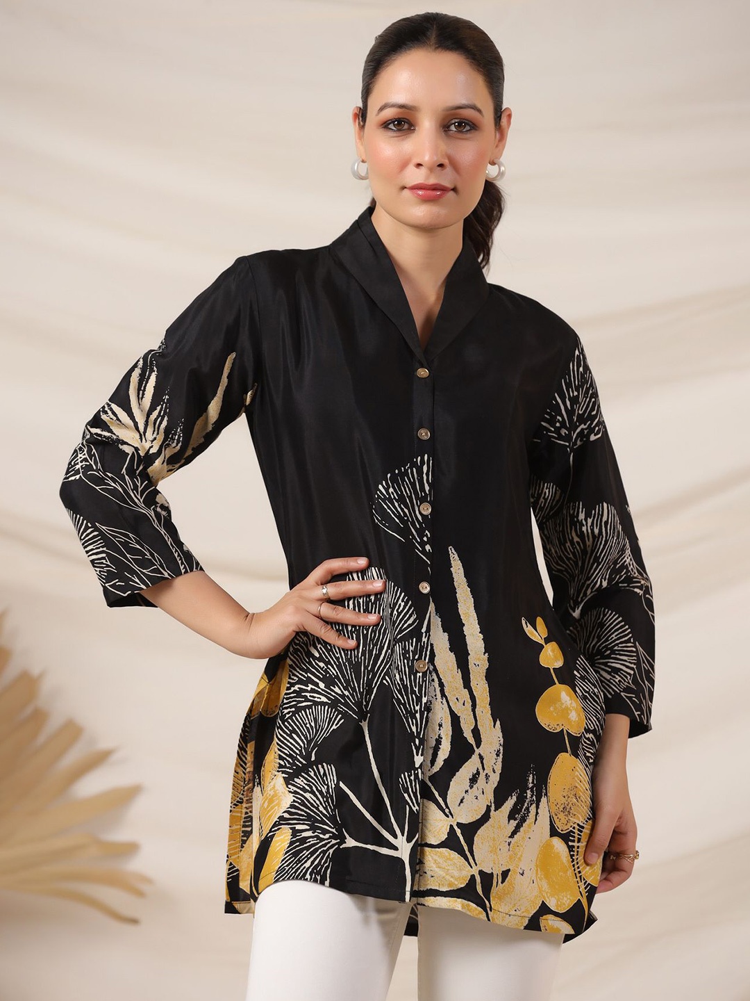 

JISORA Print Pure Silk Top, Black