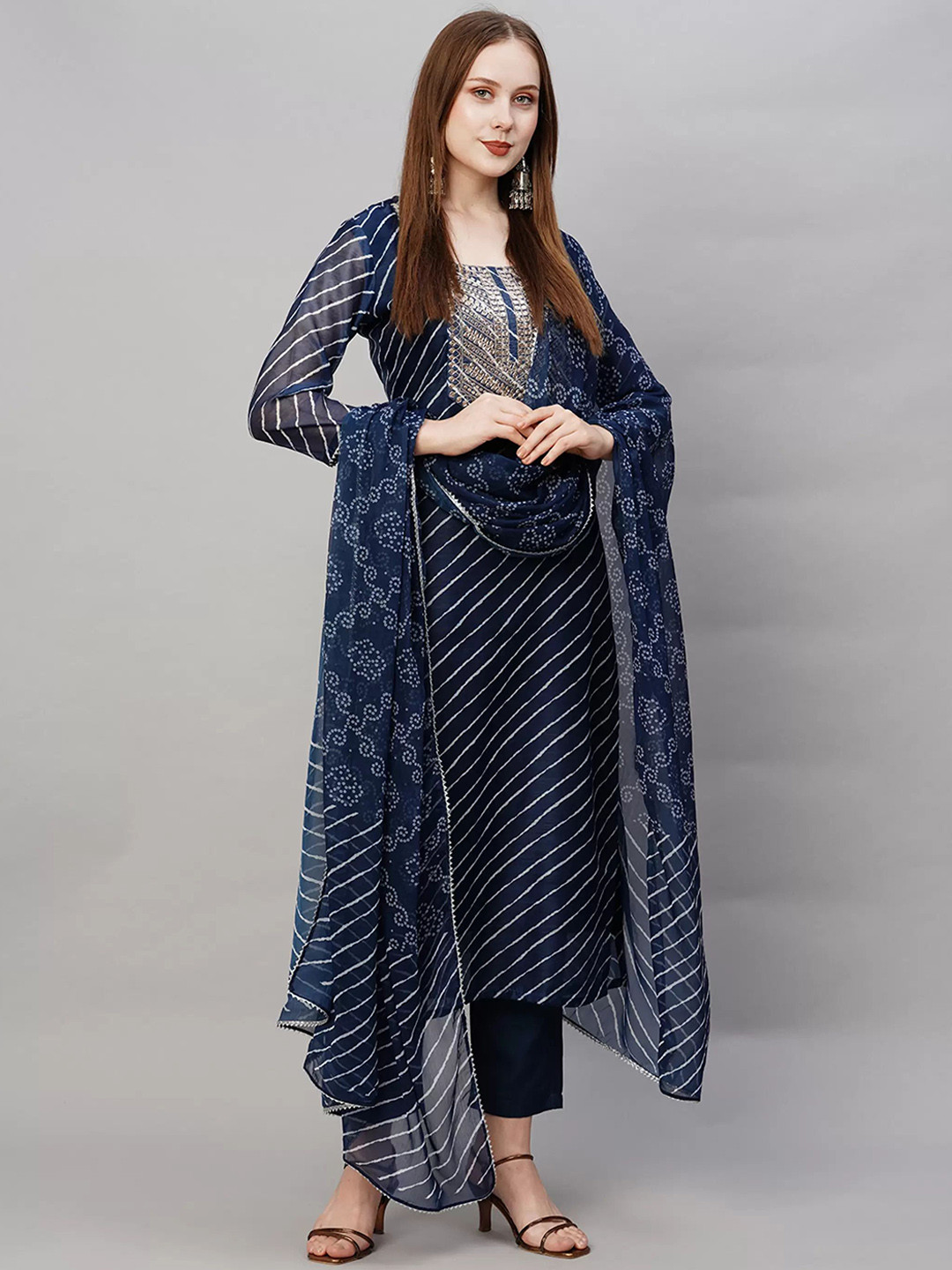 

BAESD Women Embroidered Regular Thread Work Kurta with Trousers & With Dupatta, Navy blue