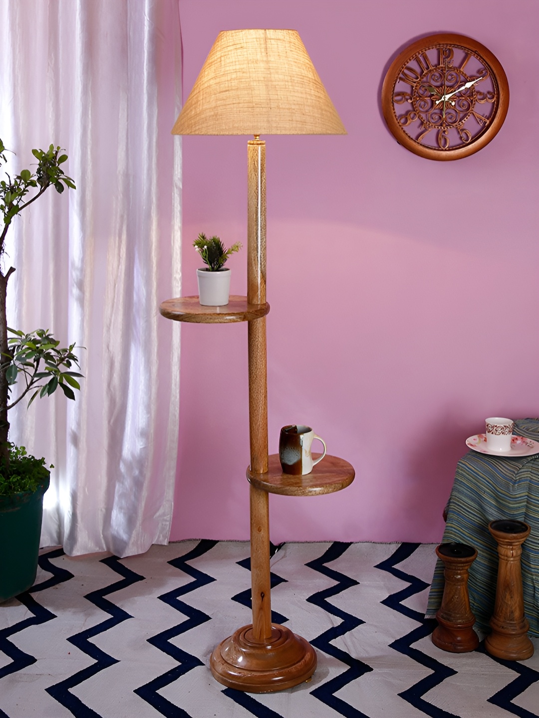 

Devansh Beige And Brown Frustum Shaped Wooden Floor Lamp With Shelves
