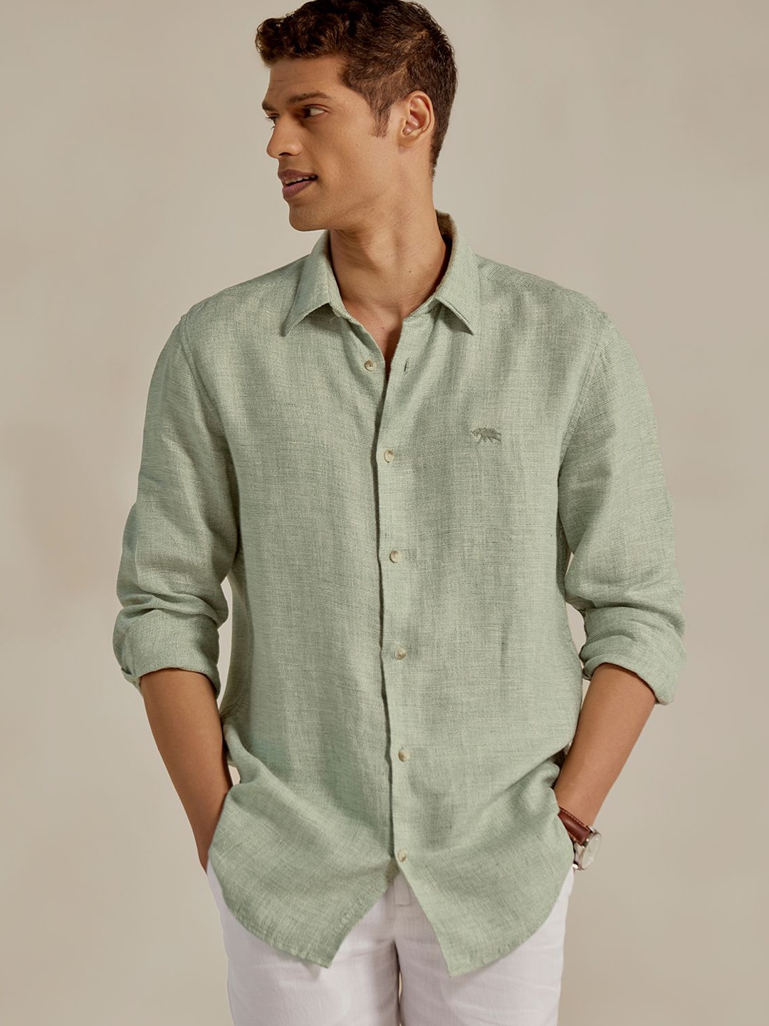 

Andamen Men Casual Linen Texture Slim Fit Shirt, Green