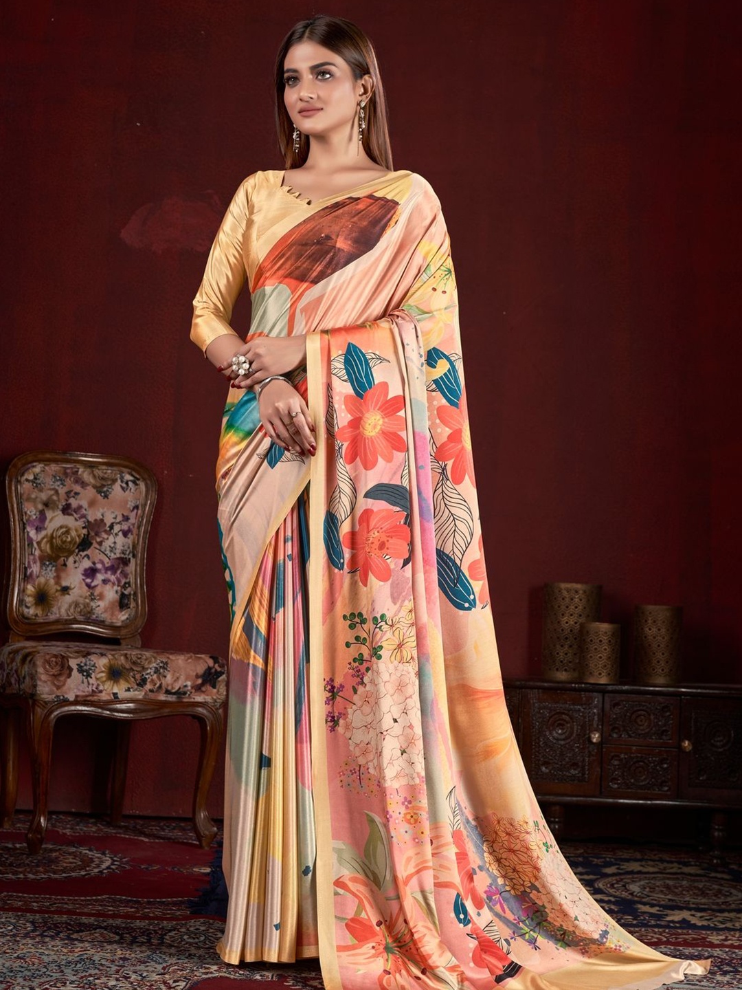 

Suha Floral Poly Crepe Saree, Orange