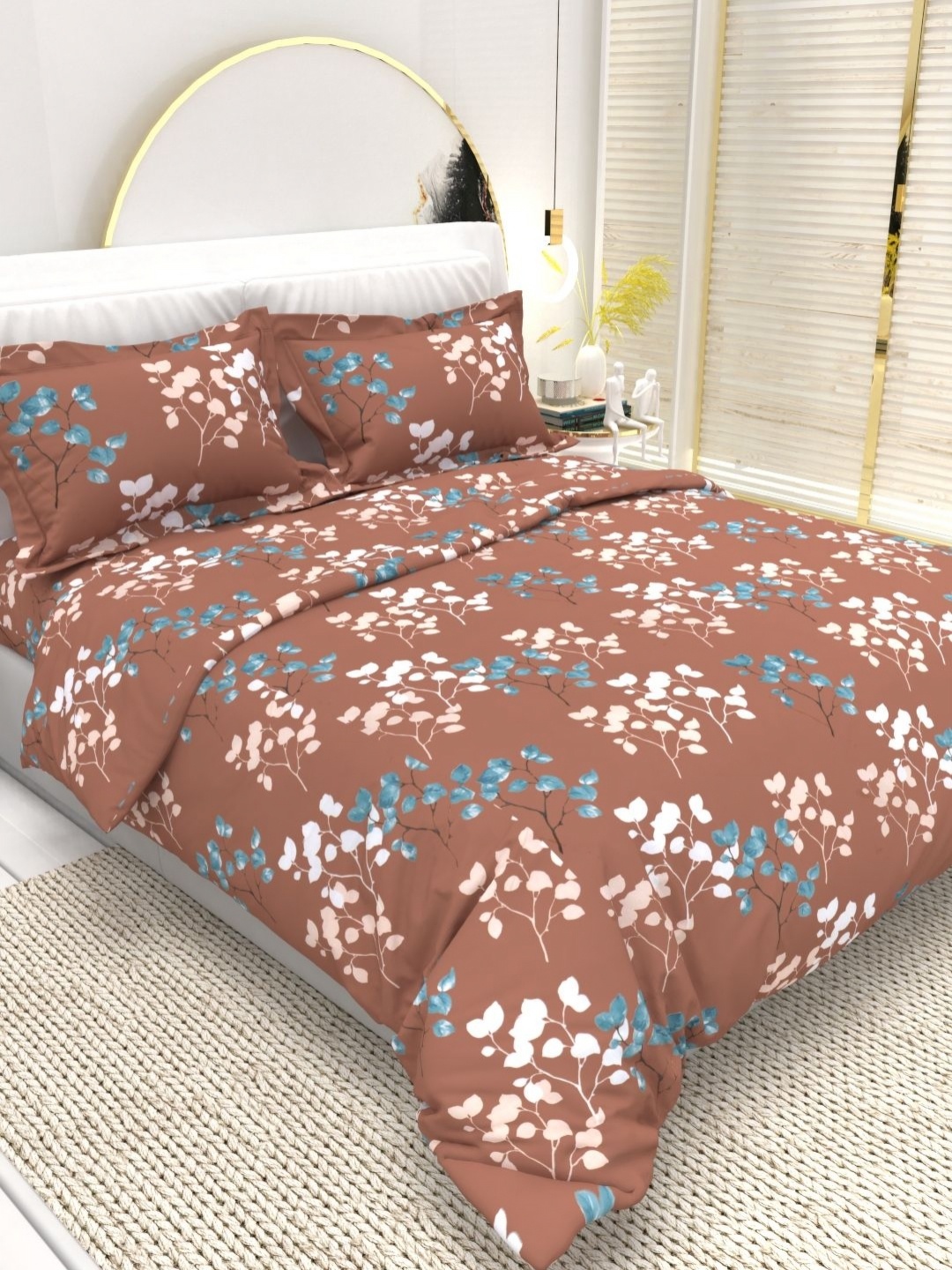 

THE WHITE MOSS Brown & Blue 210 TC Queen Bedsheet with 2 Pillow Covers
