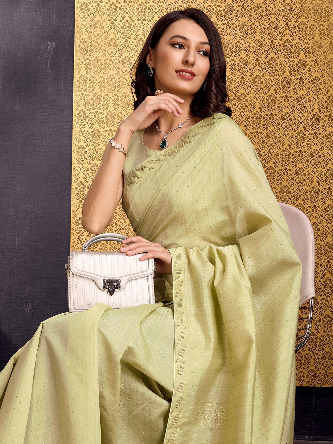 

DIVASTRI Embellished Beads and Stones Silk Blend Tussar Saree, Green