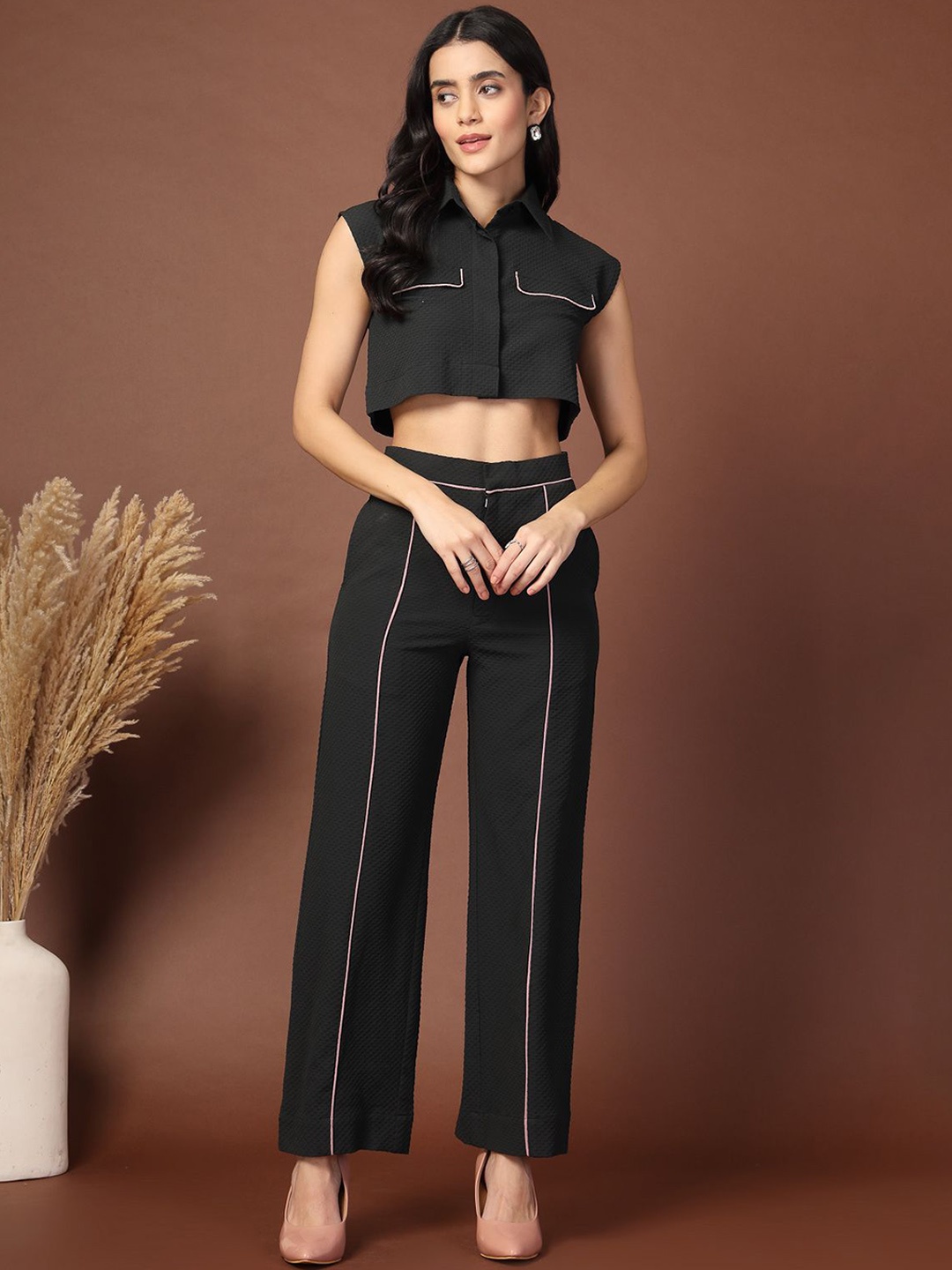 

KATLINE Self Design Top With Trousers Co-Ords, Black