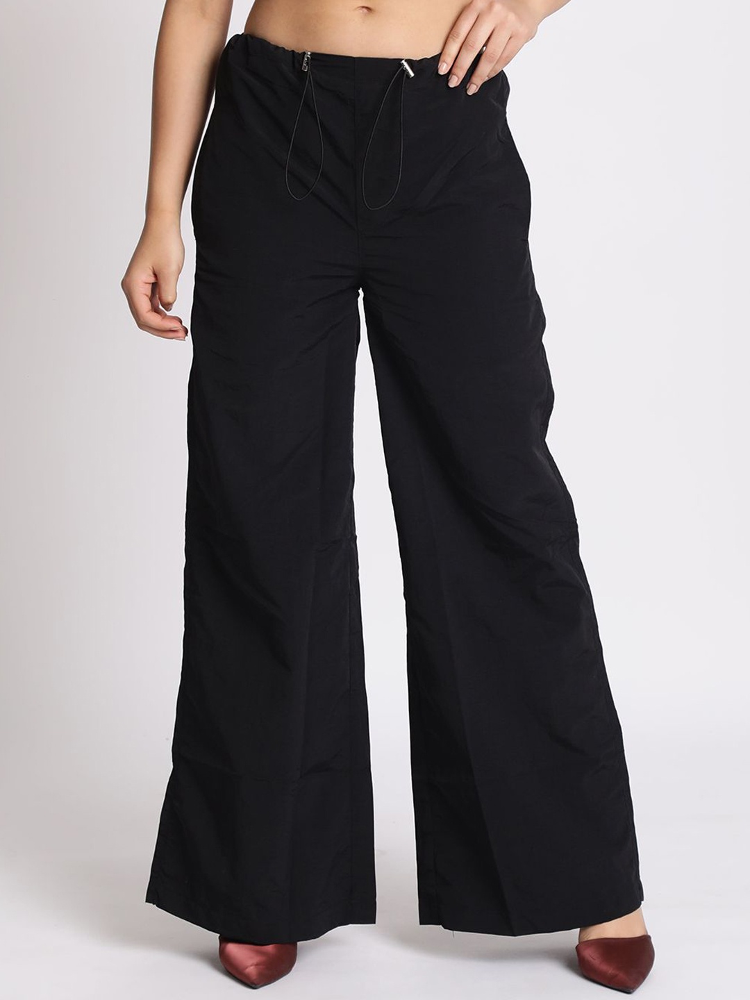 

The Roadster Lifestyle Co Crushed Nylon High-Rise Wide Leg Trousers, Black