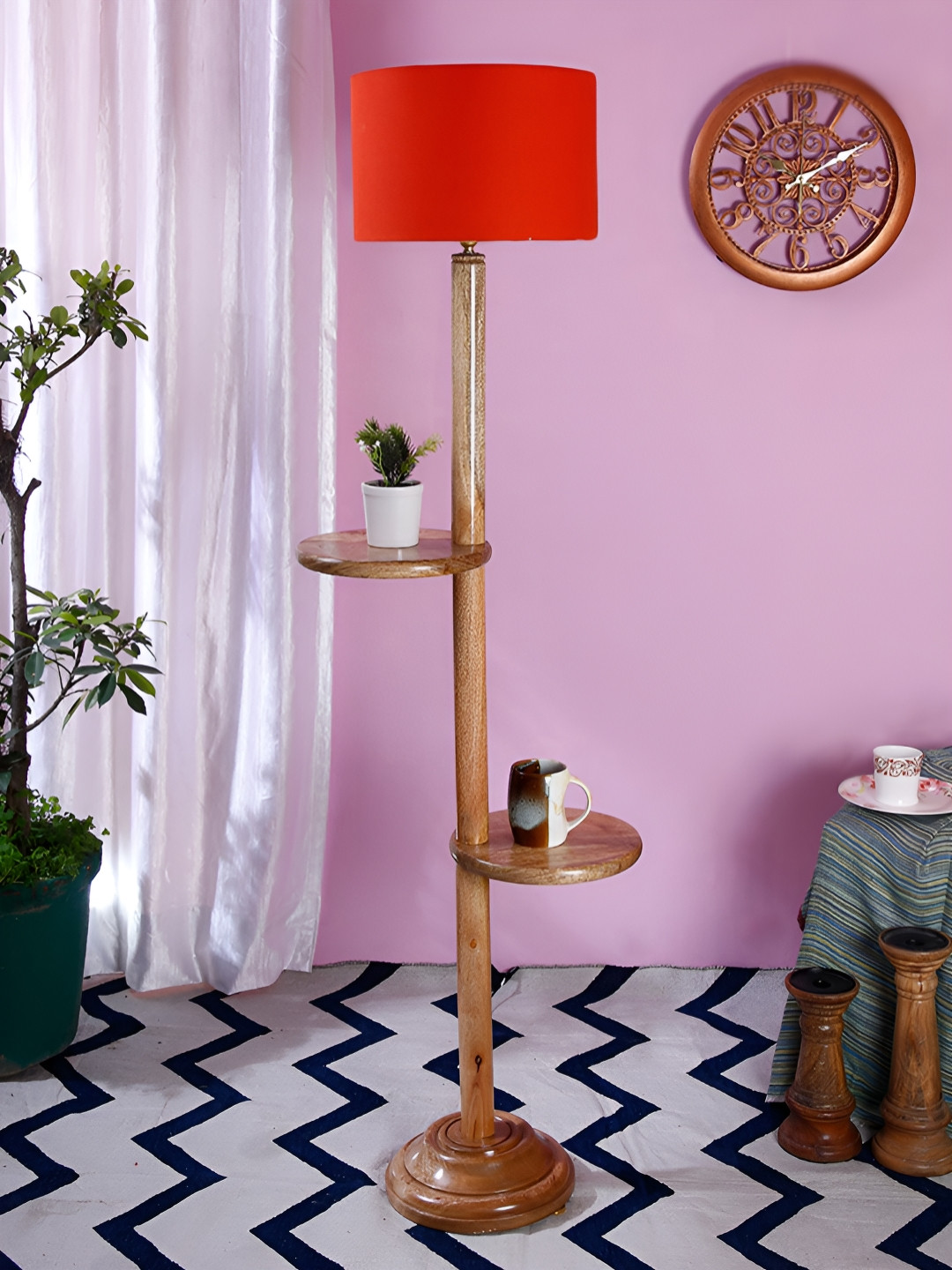 

Devansh Orange Colored Drum Shaped Wooden Shelf Floor Lamp