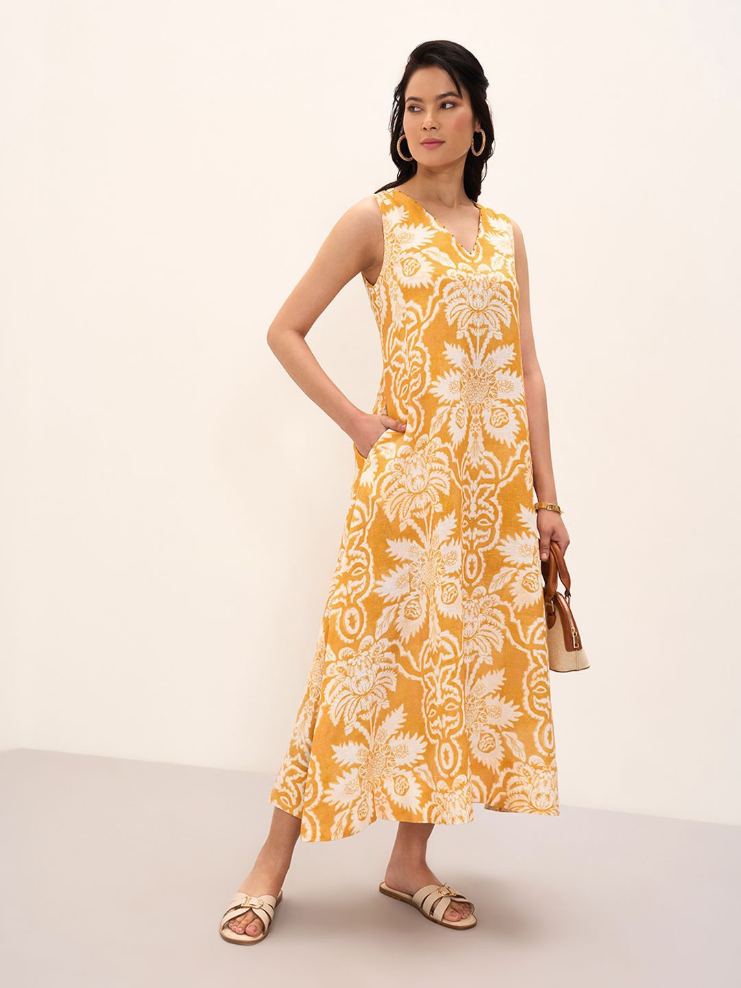 

Marigold Lane Floral Print Linen Maxi Dress, Yellow