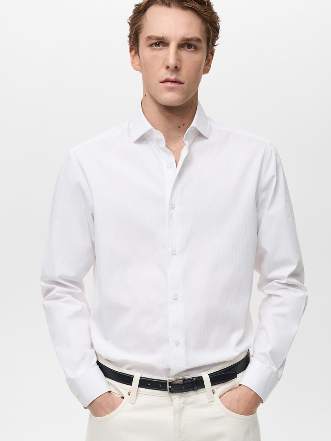 

MANGO MAN Striped Pure Cotton Formal Shirt, White