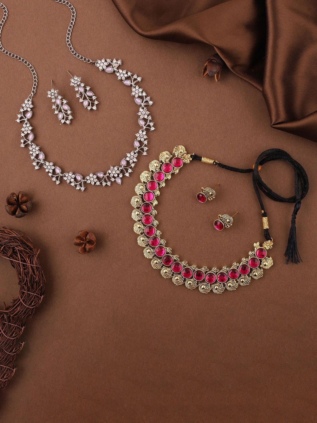 

Lyriss Set Of 2 Gold & Silver Plated American Diamond Stone Studded Jewellery Set