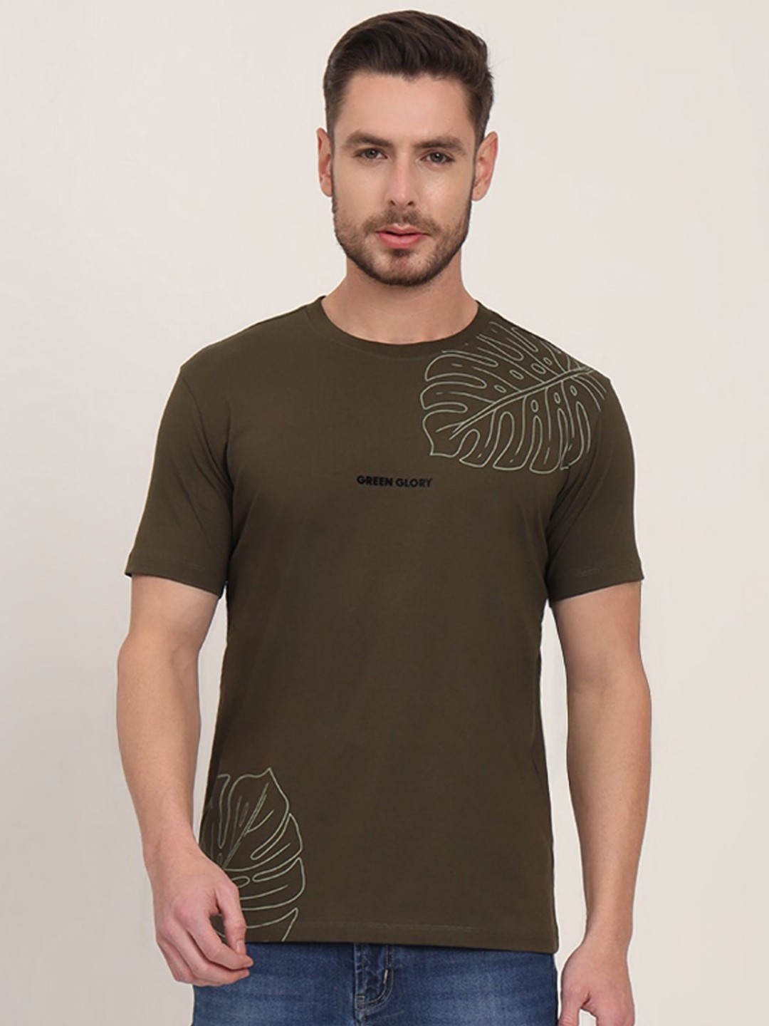 

JADE BLUE Men Printed Raw Edge Slim Fit T-shirt, Olive