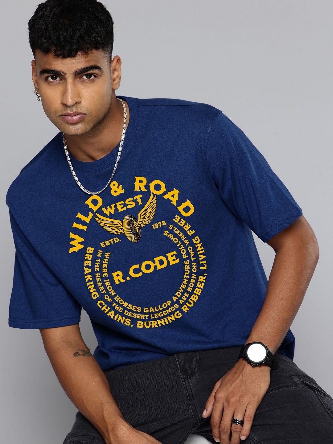 

R.Code by The Roadster Life Co. Men Printed T-shirt, Blue