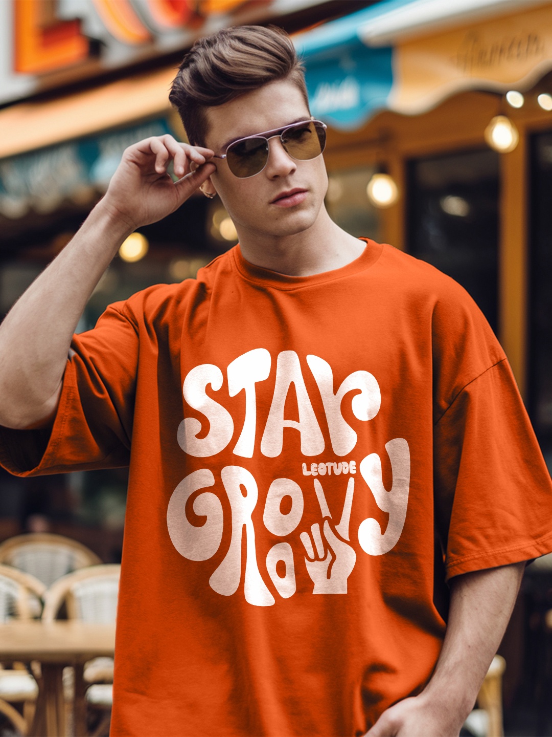 

Leotude Men Typography Printed Round Neck Cotton Relaxed Fit T-shirt, Orange