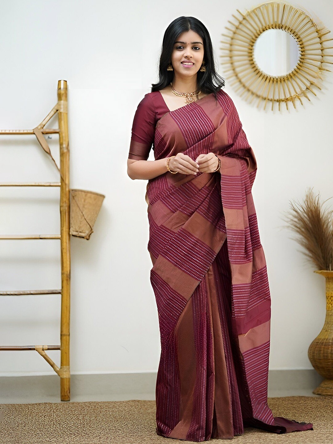 

Moda Rapido Striped Zari Silk Blend Banarasi Saree, Maroon