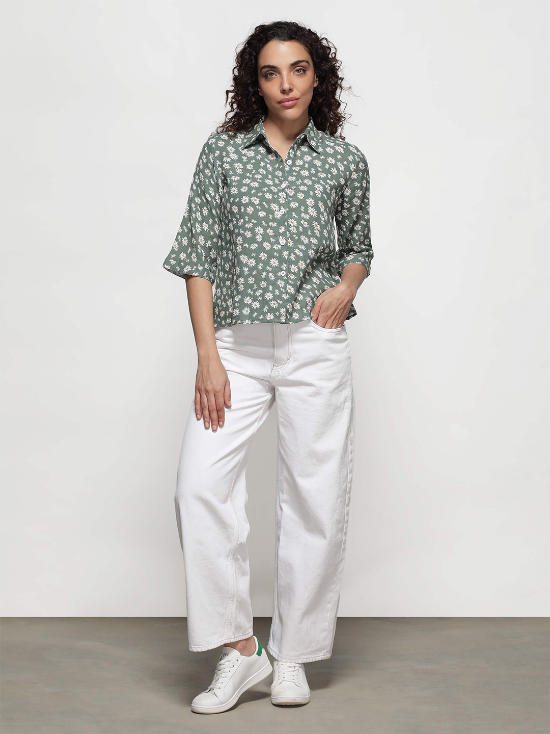 

IDK Floral Print Cotton Shirt Style Crop Top, Navy blue