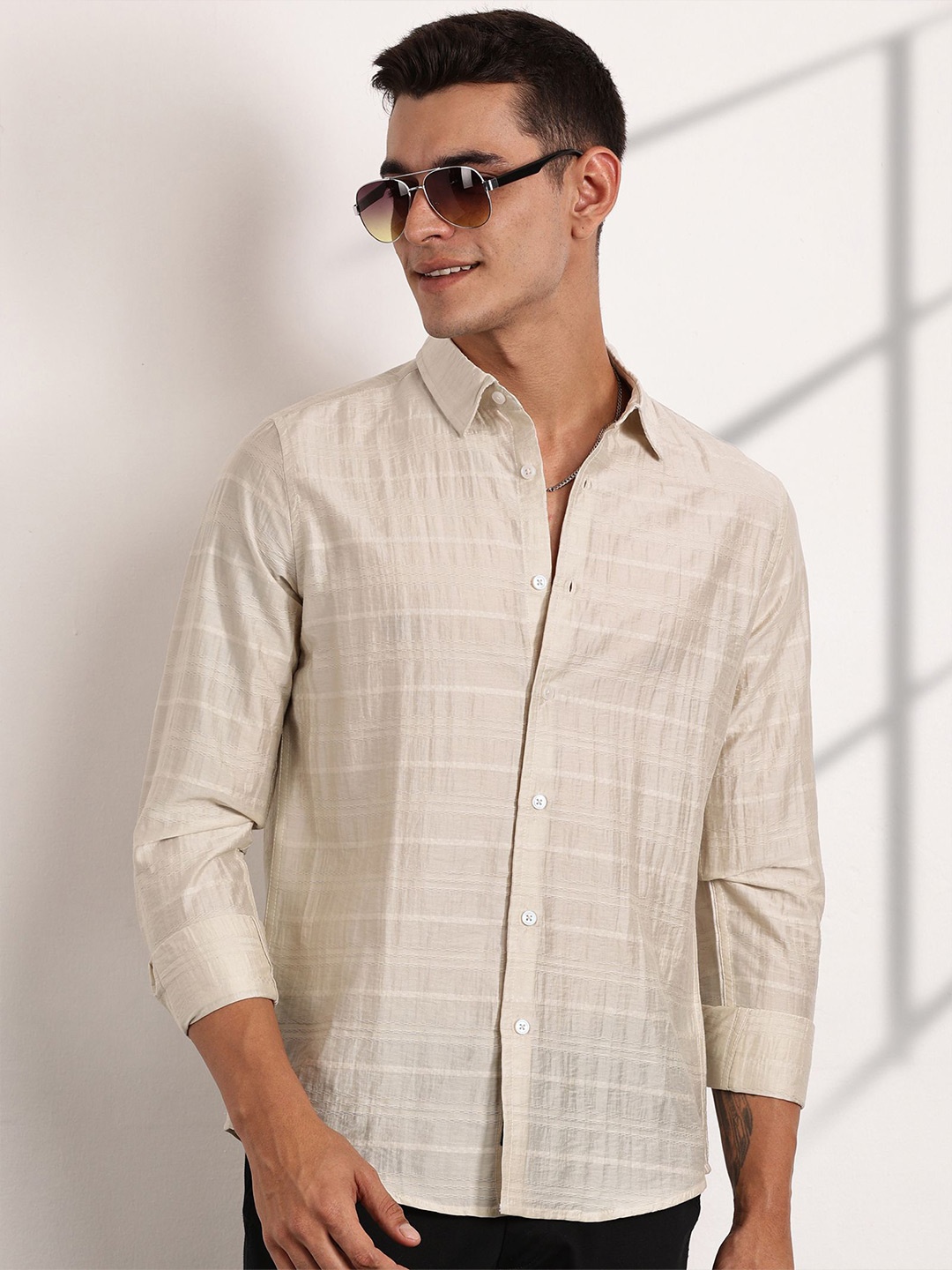 

Thomas Scott Men Classic Slim Fit Opaque Casual Shirt, Cream
