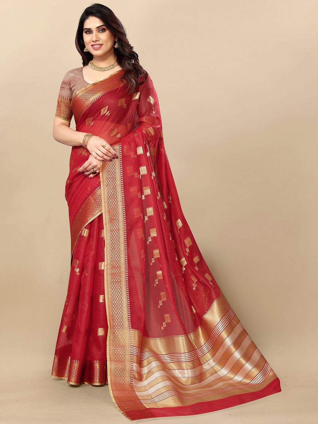 

Moda Rapido Woven Design Zari Kota Saree, Red