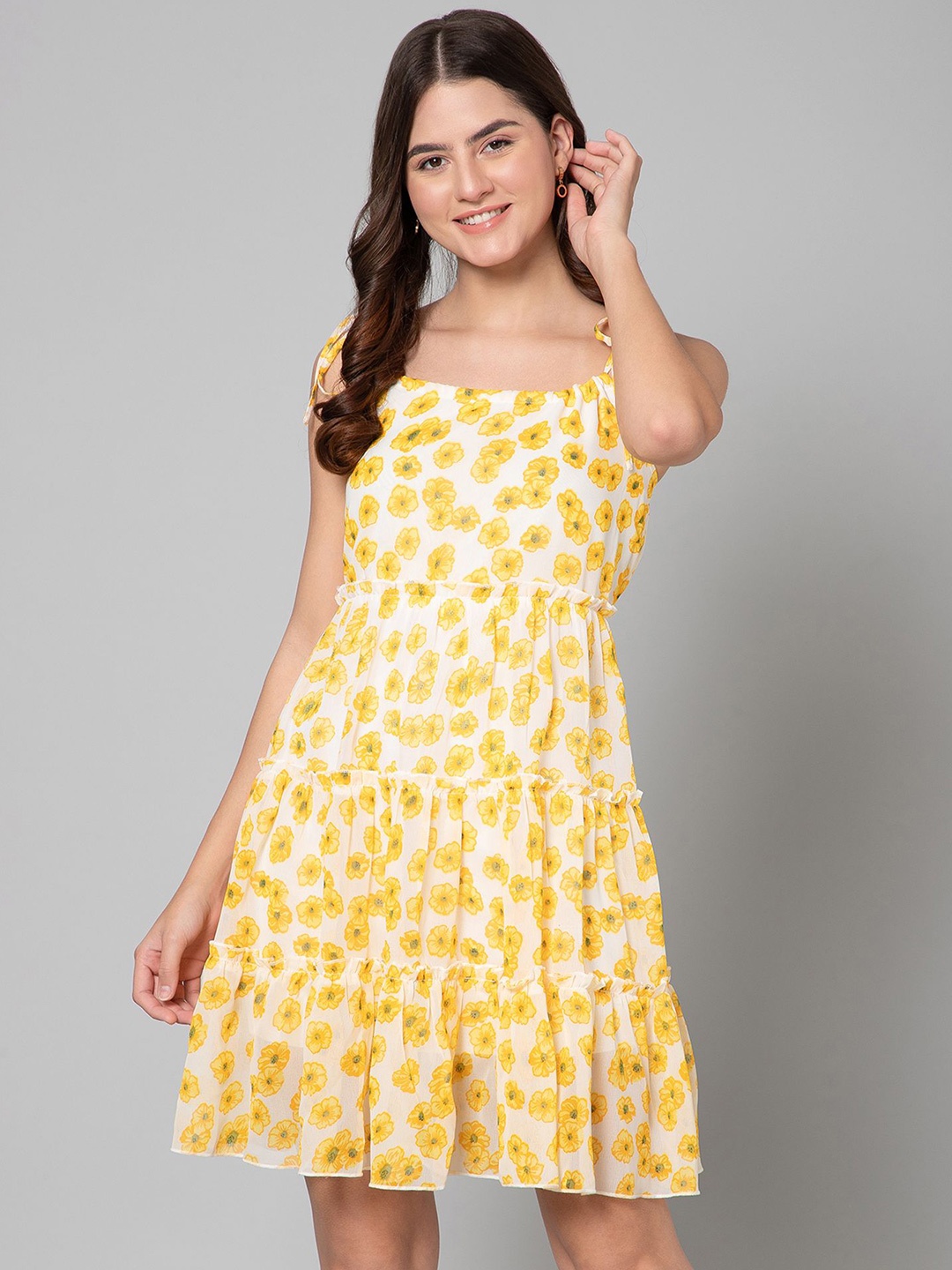 

Moda Rapido Floral Print Off-Shoulder Georgette Fit & Flare Dress, Yellow