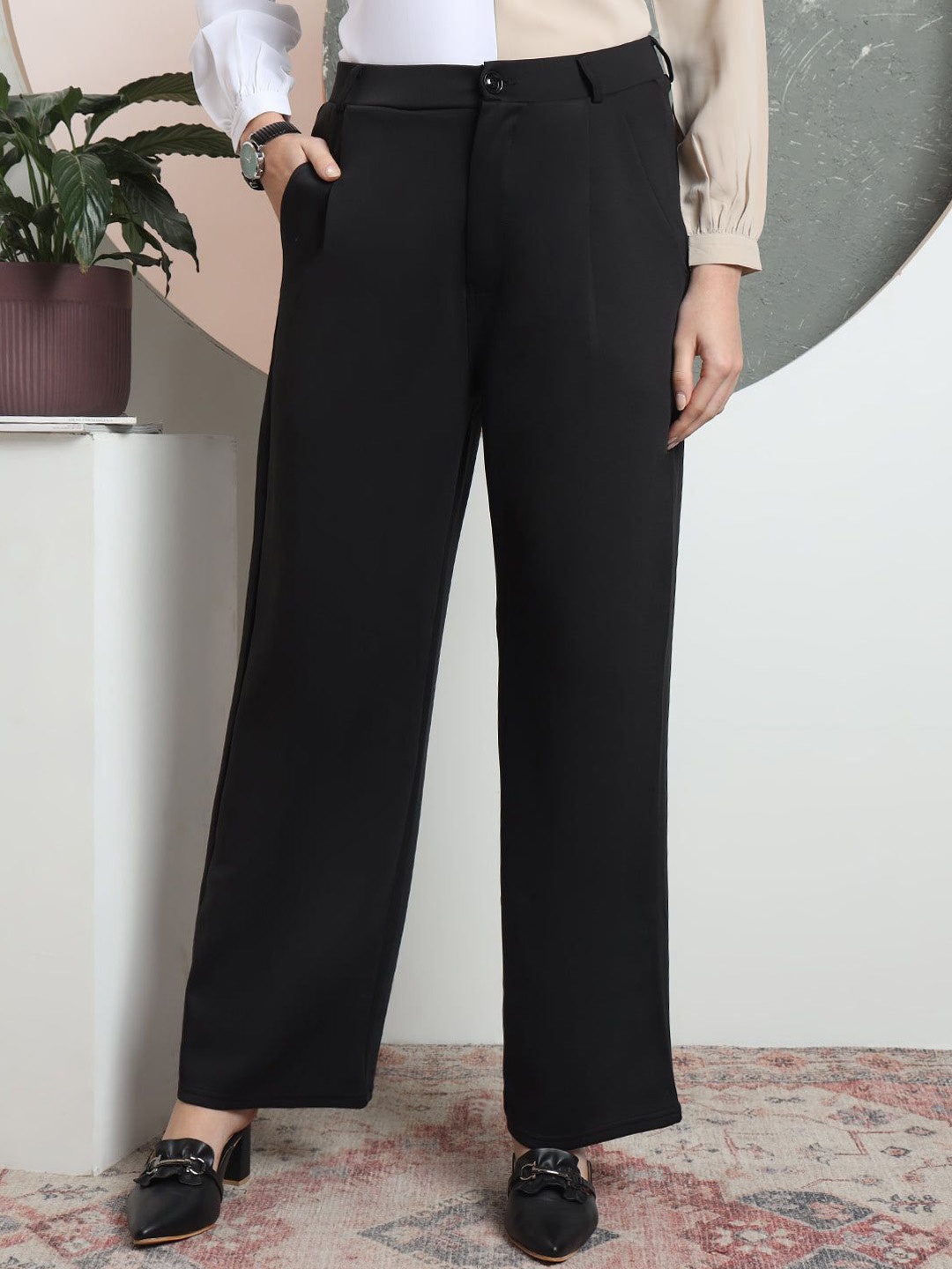 

IndianRang Women Relaxed Loose Fit High-Rise Wrinkle Free Trousers, Black
