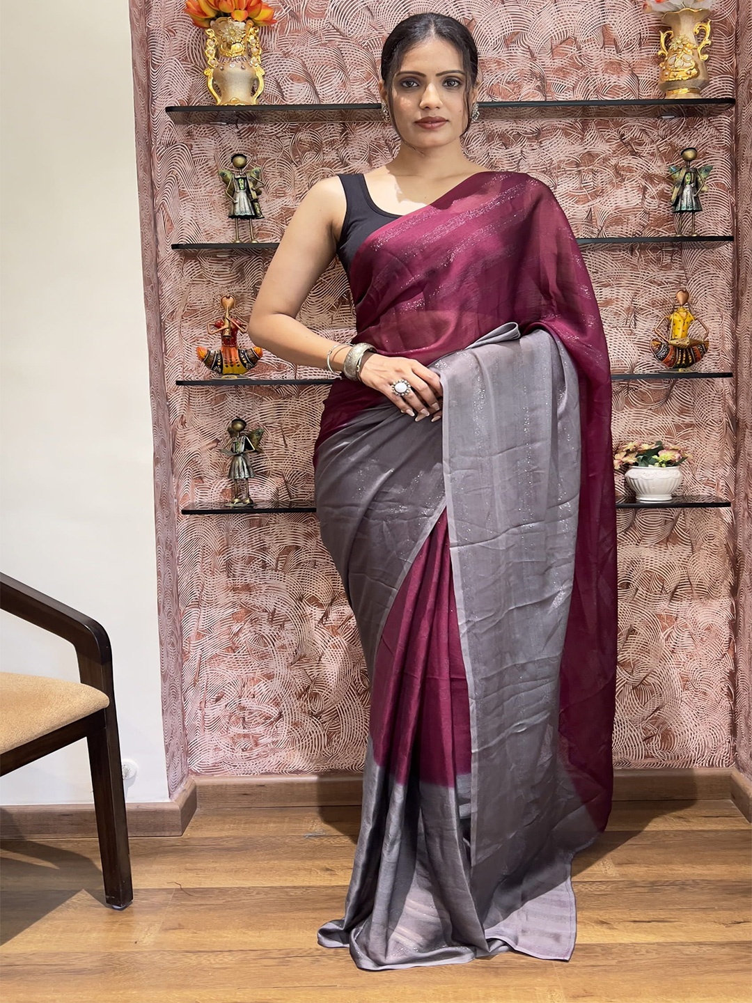 

HERE&NOW Ombre Pure Chiffon Ready to Wear Jamdani Saree, Purple