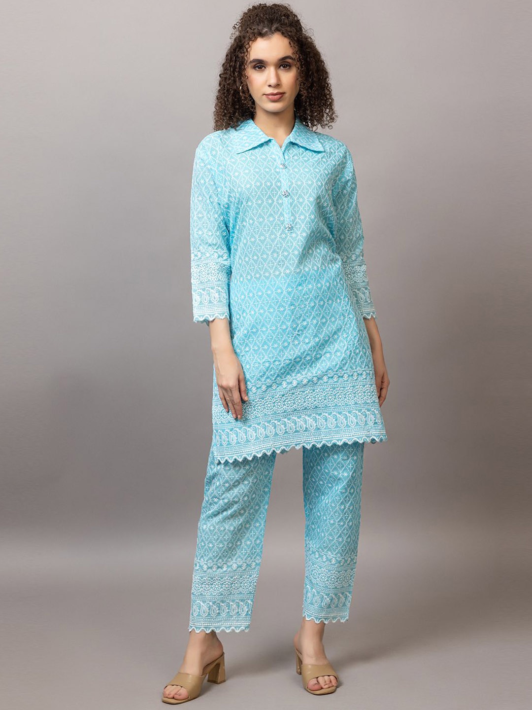 

TYSORT Embroidered Polo Collar Tunic With Trouser Co-Ords, Turquoise blue