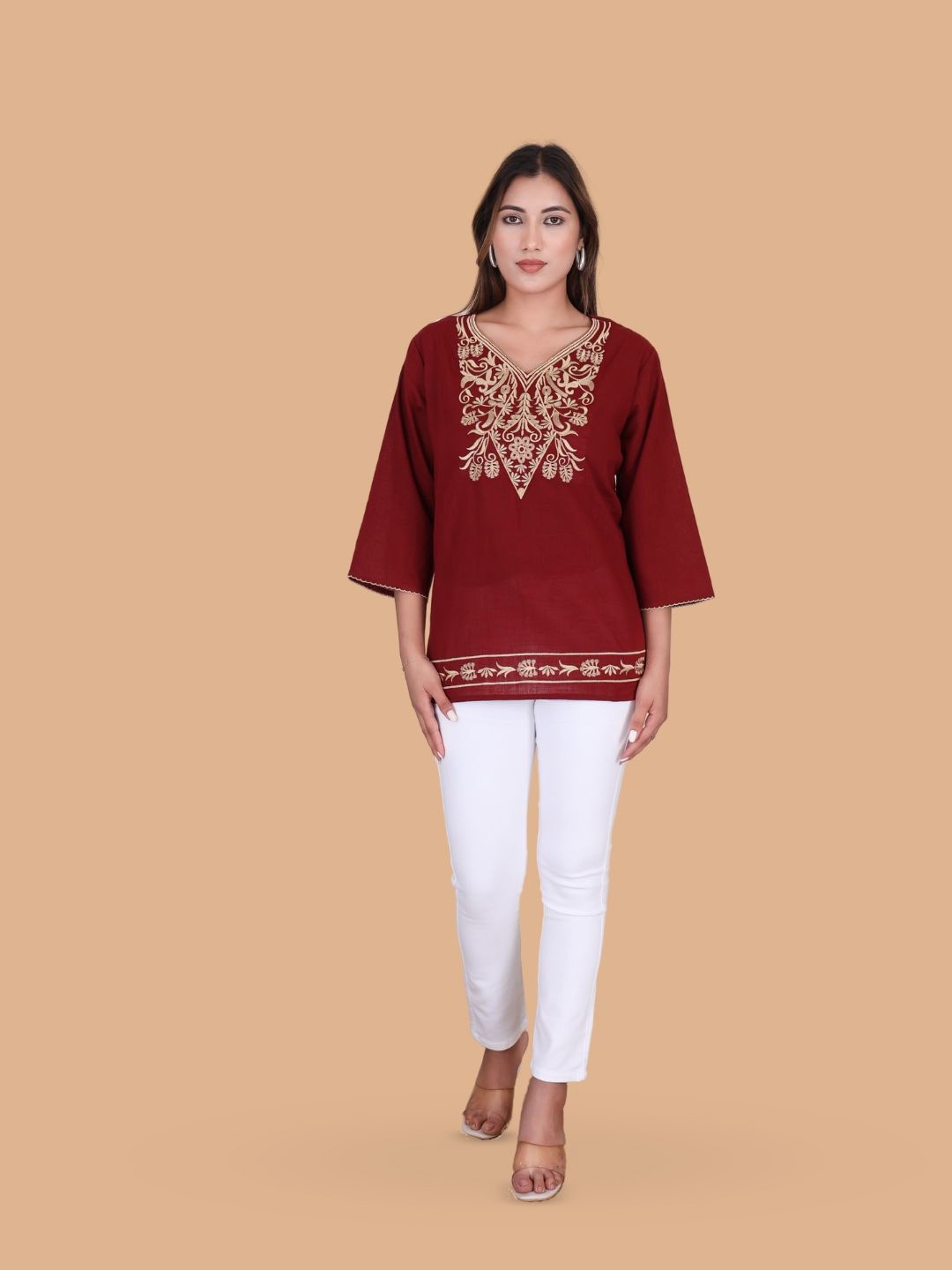 

Moda Rapido Floral Embroidered Flared Sleeves Pure Cotton Kurti, Maroon