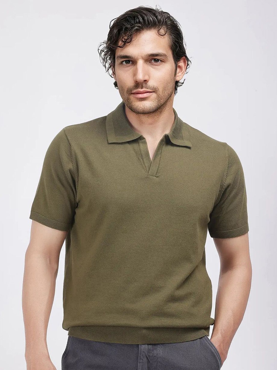 

RARE RABBIT Men Polo Collar Extended Sleeves T-shirt, Olive