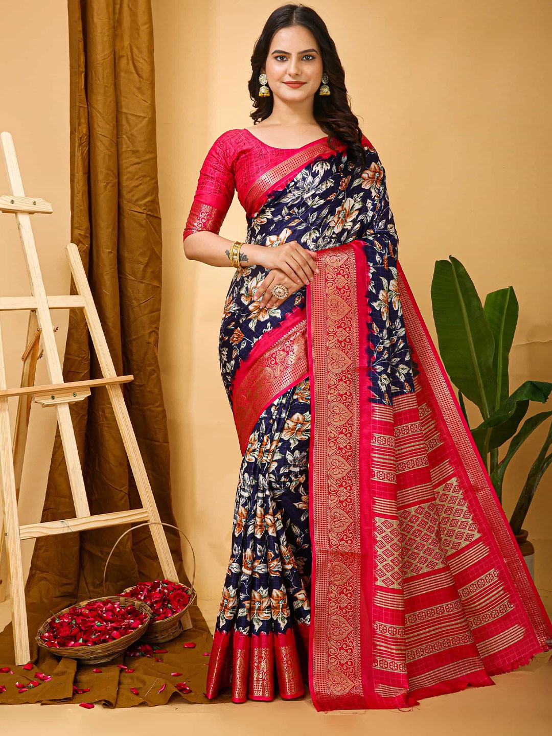 

Mitera Floral Zari Art Silk Banarasi Saree, Blue