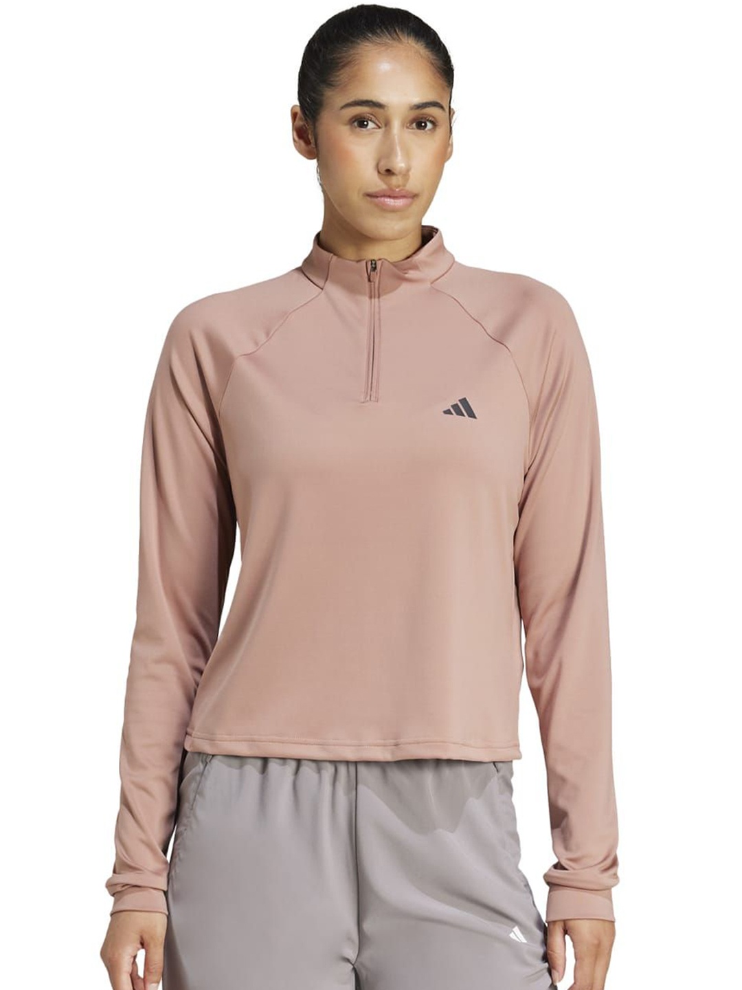 

ADIDAS Tr Es Brand Logo Printed Mock Collar Long Sleeve Jacket, Pink