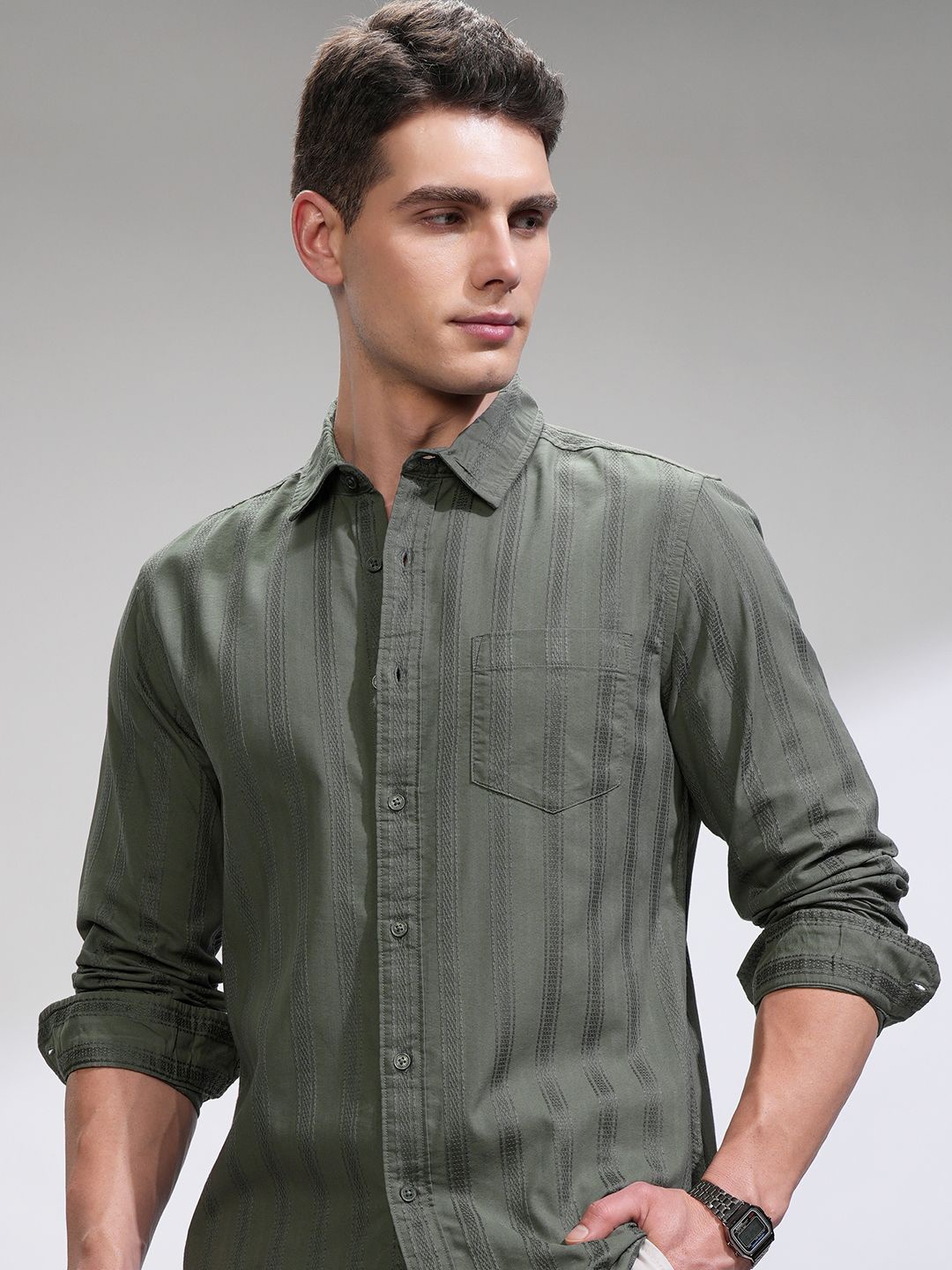 

HIGHLANDER Men Comfort Opaque Casual Shirt, Olive