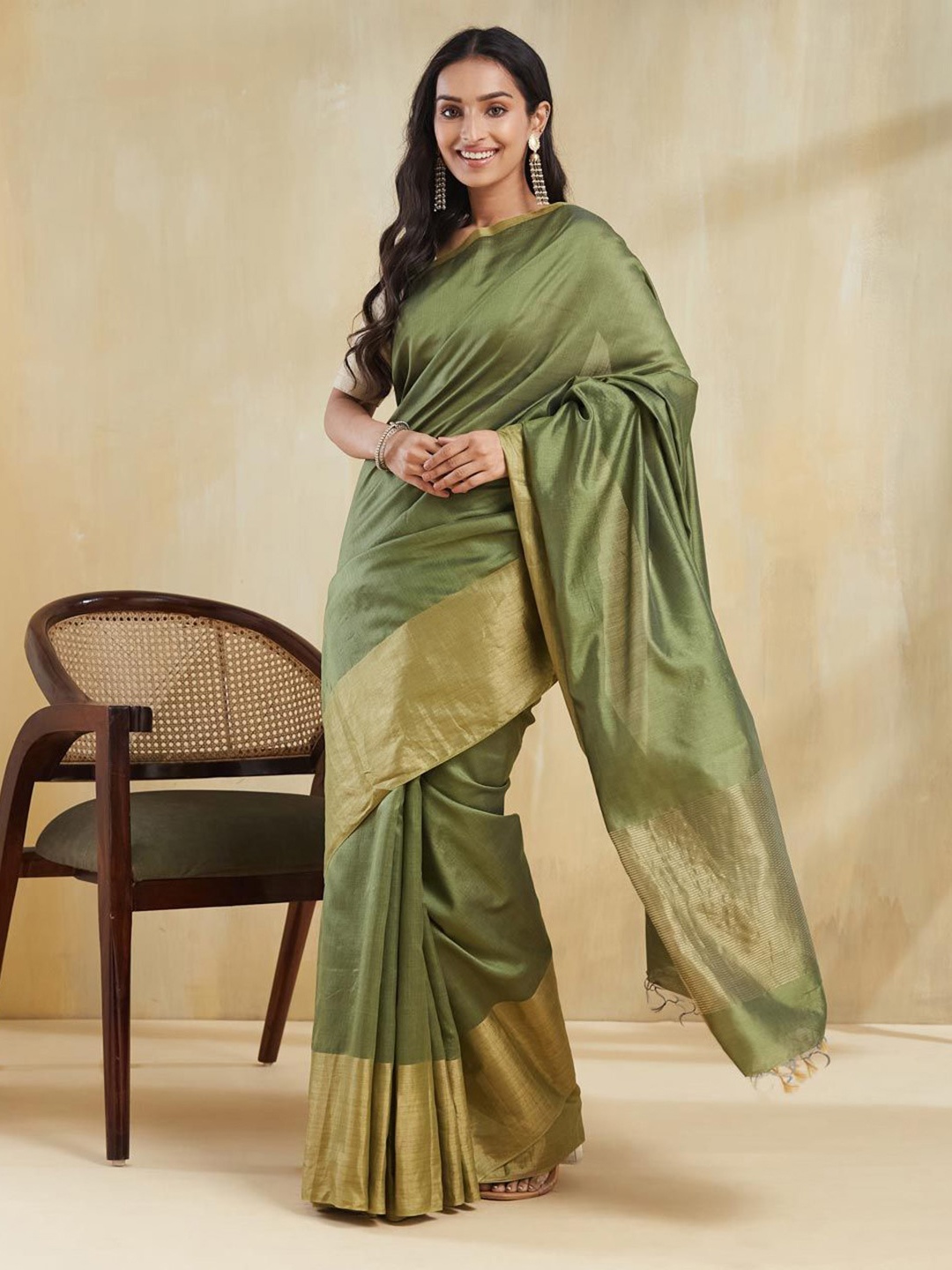 

Fabindia Silk Blend Saree, Olive