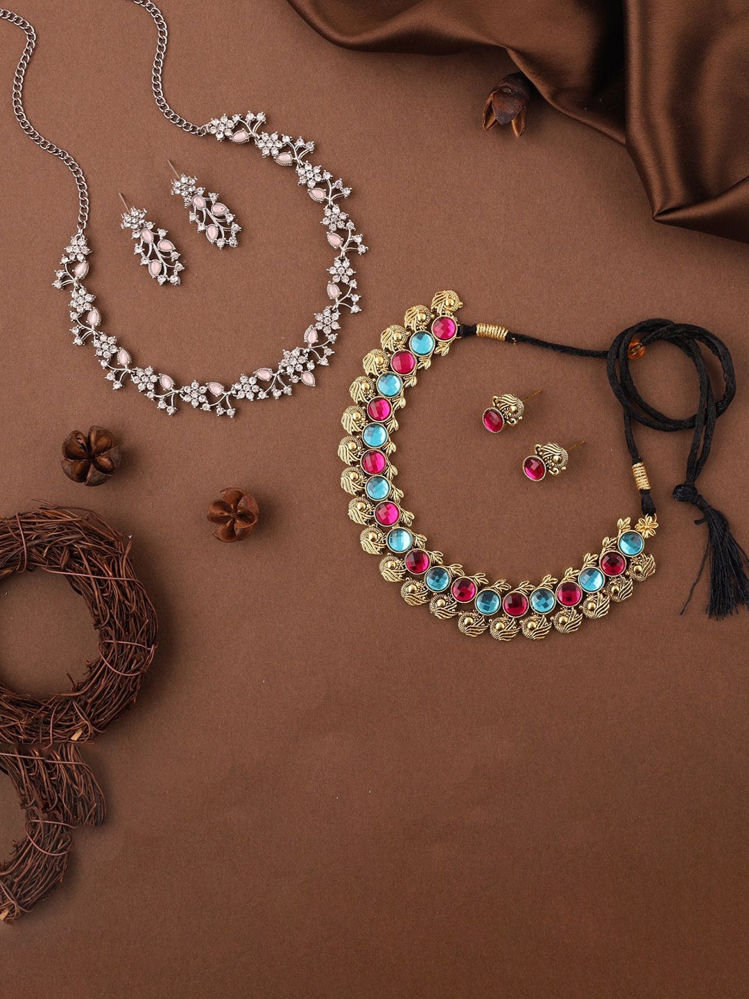 

Lyriss Set Of 2 Gold & Sliver-Plated American Diamond-Studded Jewellery Set