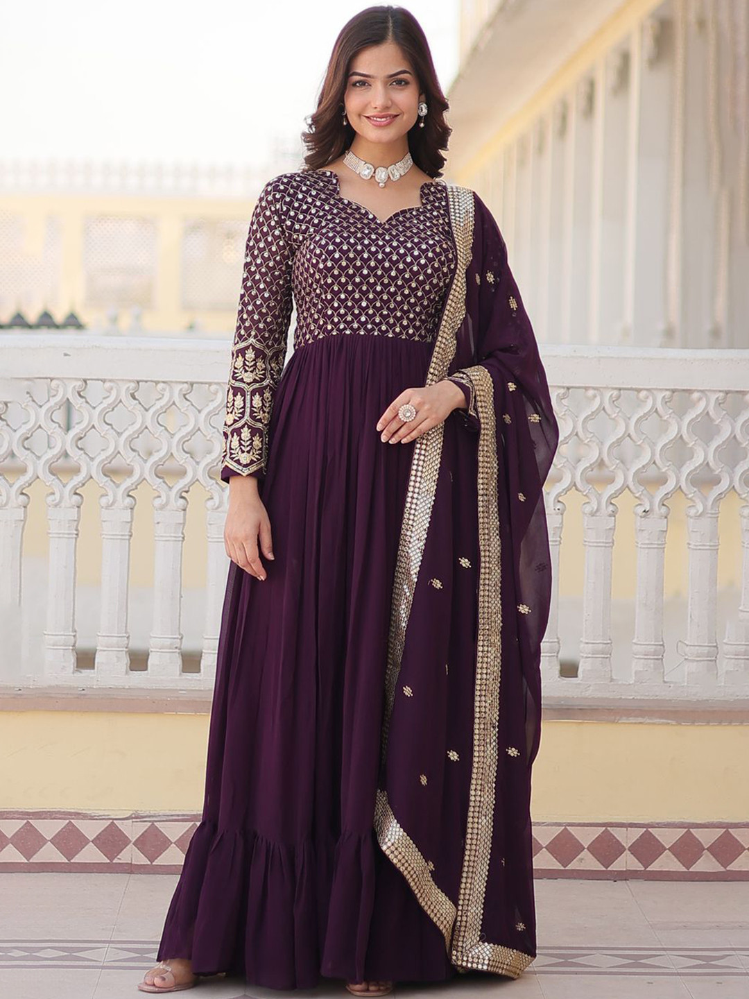 

Fashion Basket Embroidered Gown Maxi Ethnic Dress With Dupatta, Purple