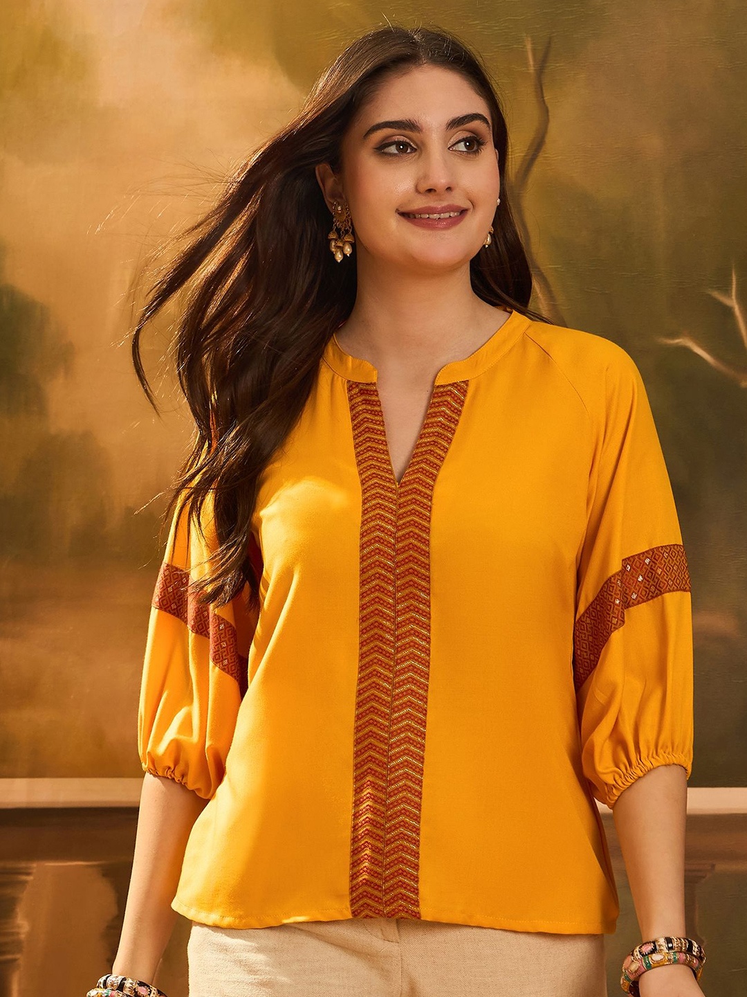 

Sangria Embroidered V-Neck Top With Contrast Detailing, Yellow