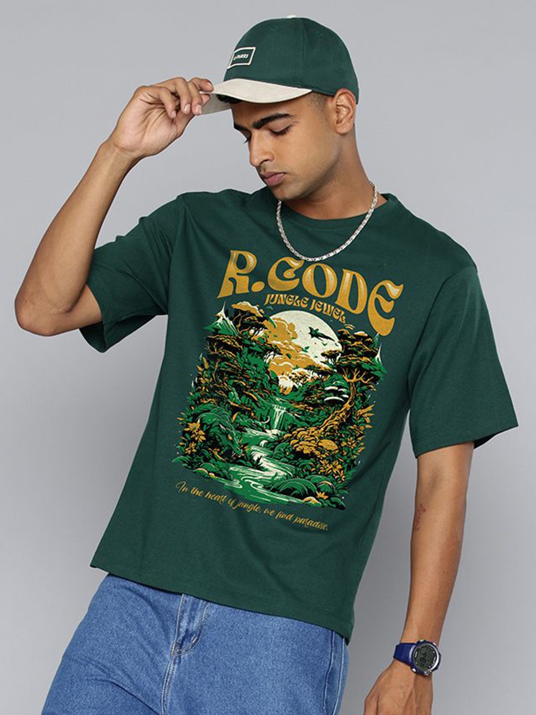 

R.Code by The Roadster Life Co. Men Typography Printed Applique T-shirt, Green