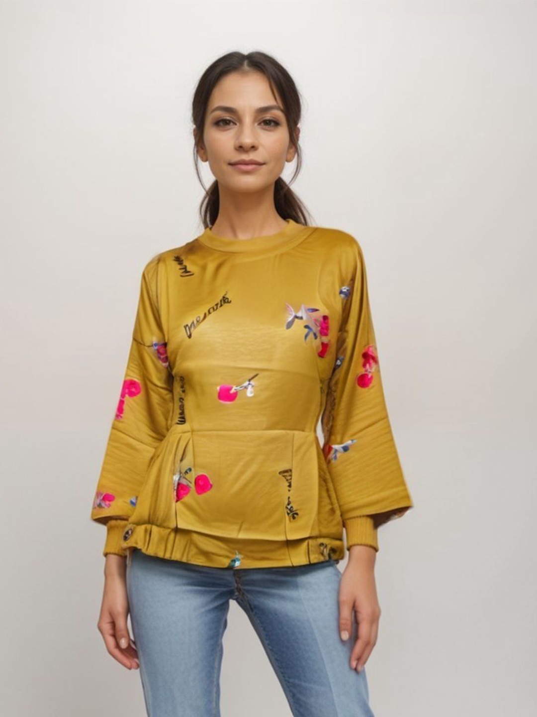 

Errabelly Print Flared Sleeve Cotton Top, Yellow